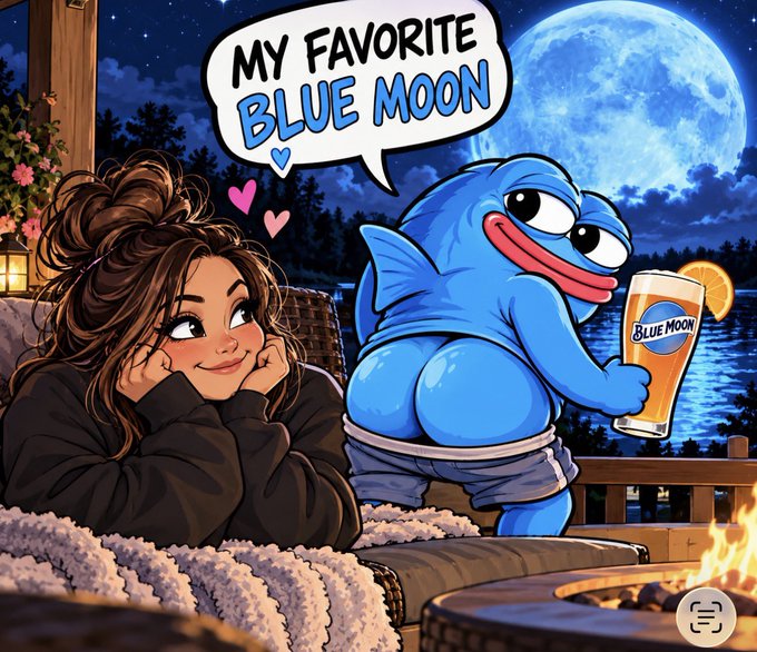 An illustration of a woman admiring a blue creature holding a 'Blue Moon' beer glass, set against a lakeside night scene with a large moon and fire pit.