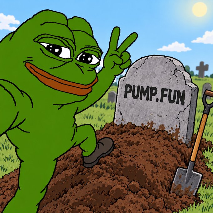 Pepe the Frog flashes a peace sign while kneeling beside a freshly dug grave marked "PUMP.FUN," with a shovel resting nearby—visually commemorating the "death" of the Pump.Fun project as referenced in the "Rip Pump Fun 2024-2026" post.