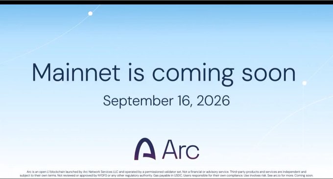 A promotional announcement stating 'Mainnet is coming soon September 16, 2026' with the Arc logo (Arc Network).