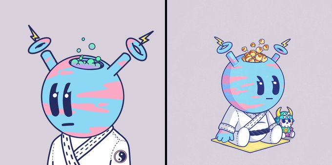 Two illustrations of a blue, round alien-like creature wearing a martial arts gi are shown; the left version has green liquid and antenna rings on its head, while the right one has fries popping out of its head and holds a small similar creature.