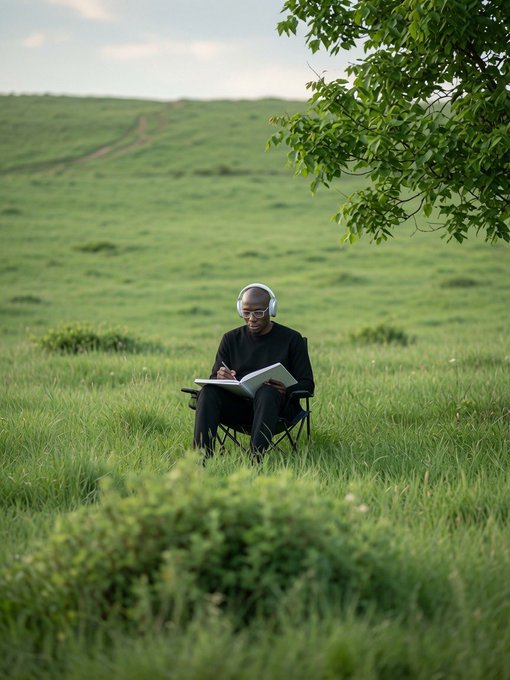 A bald man wearing headphones sits on a chair in a lush green field, writing in a notebook with a pen under the shade of a tree.