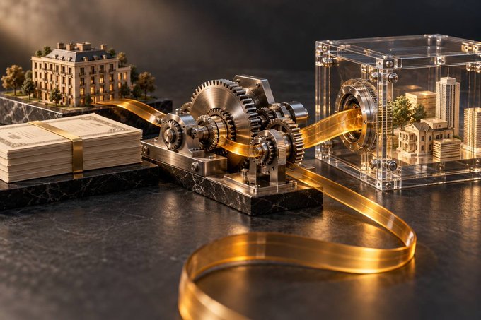 A conceptual digital artwork featuring a mechanical gearbox connecting stacks of currency to miniature buildings inside a transparent case, symbolizing the relationship between finance and real estate.