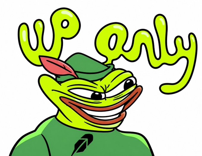 A cartoon illustration of a smug green frog character wearing a green hat with a red feather, with the stylized text 'up only' in green above it.