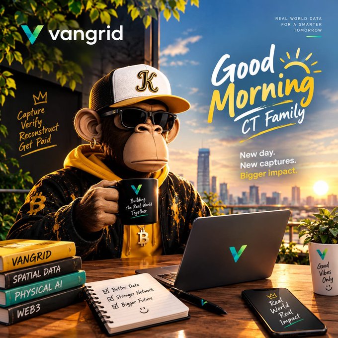 A promotional graphic for 'vangrid' featuring a 3D-rendered monkey character wearing a 'K' cap and sunglasses, holding a mug and sitting at a desk with a laptop, surrounded by text including 'Good Morning CT Family' and 'REAL WORLD DATA FOR A SMARTER TOMORROW'.