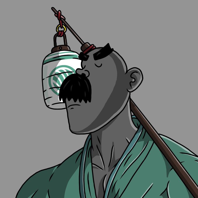 A stylized illustration of a bald man with a black mustache and thick eyebrows, wearing a green robe, carrying a white lantern with a green logo on his shoulder.