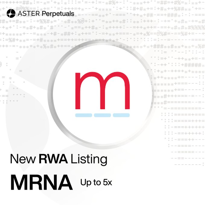 A promotional graphic for ASTER Perpetuals announces a new RWA listing for MRNA, available with up to 5x leverage, featuring a stylized pink "m" logo against a technical pattern background.