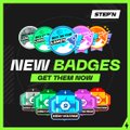 A promotional graphic displaying 'NEW BADGES GET THEM NOW!' with colorful badge designs on a black background.