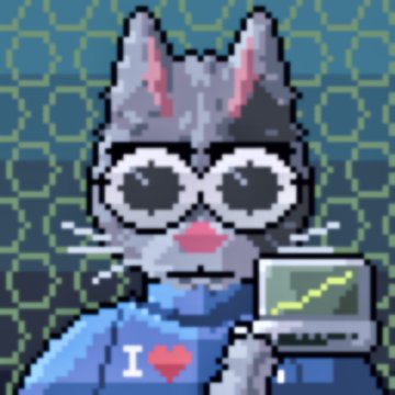 A pixel art cat wearing glasses holds up a chart showing an upward trending green line, wearing a shirt that reads "I ♥" (likely a crypto/NFT symbol). The image relates to the post by celebrating the asset's price doubling from its mint price, visually representing the profitable gains with the rising chart.