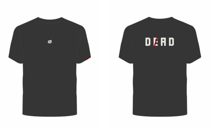 A black t-shirt displayed from both front and back views, featuring a small white logo on the front and the word "DEAD" in white lettering across the back, with a red slash through the "E"—promoting the January 5th merch drop.