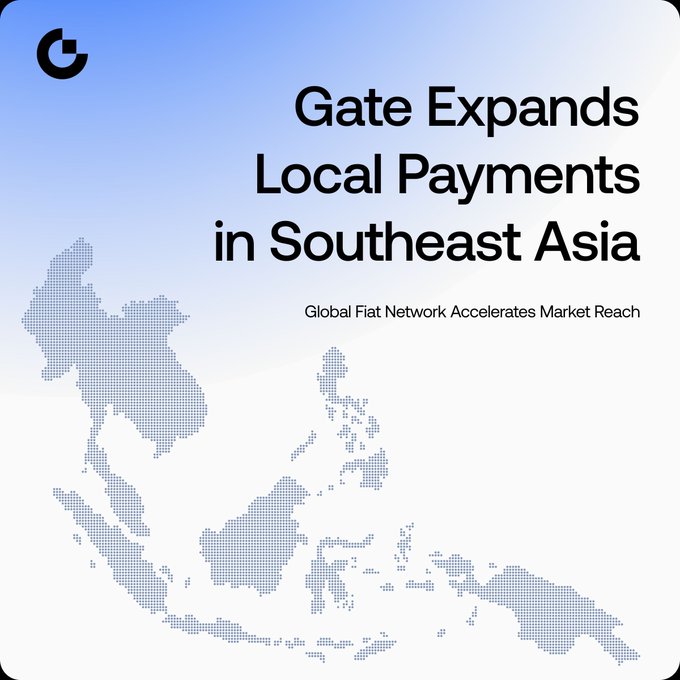 The image features a map of Southeast Asia with the text "Gate expands local payments in Southeast Asia" written above it. The map also includes a graphic representation of an Indonesian IDR buy/sell transaction, which is a QR code that can be used for making purchases or transferring money using the gate's local payment infrastructure.