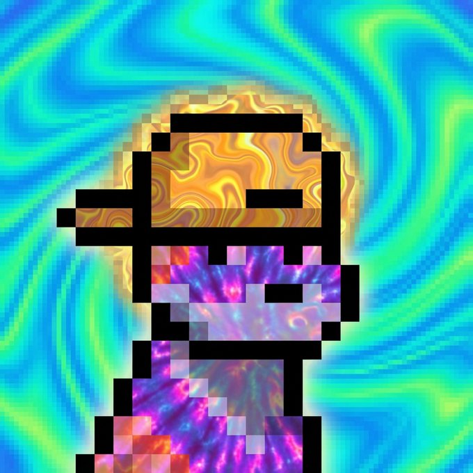 A pixelated digital artwork depicts a stylized figure with a gold/orange marbled head and a purple/magenta marbled body, outlined in black against a swirling blue and green background.