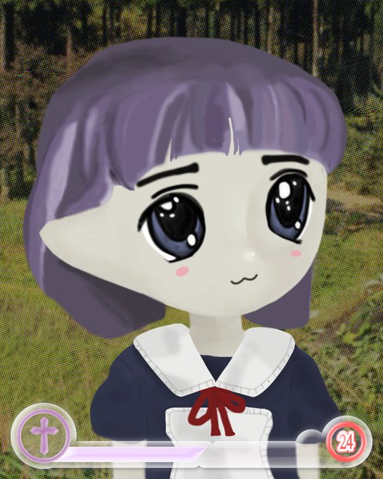 A cartoon-style 3D character with purple hair, a navy blue top with a white collar, and a red bow, set against a nature background, featuring a '24' on a button.