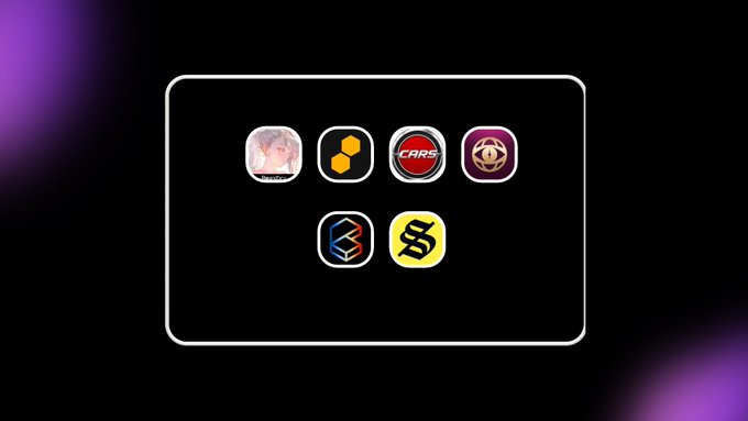 A black screen displays six colorful app icons including 'CARS' and a yellow icon with 'S' in the center.