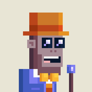 Pixel art character portrait of an elderly man wearing an orange hat, glasses, a yellow bow tie, and a blue coat.