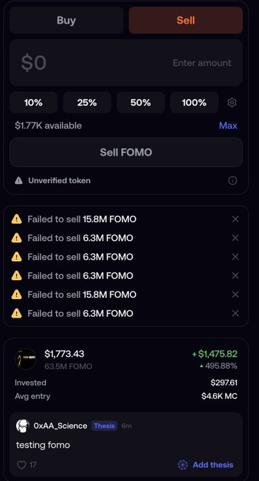 A cryptocurrency trading interface on the Sell tab shows $0 entered with $1.77K available, multiple 'Failed to sell' alerts for FOMO tokens, and a post by 0xAA_Science about 'testing fomo'.