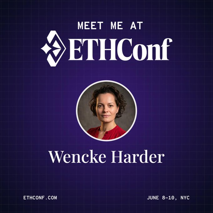 The image features a woman with curly hair wearing a red shirt who appears to be a speaker at an event called "ETHCONF" scheduled for June 8-10, NYC. The text "meet me at ethconf" is written above her head, and she is positioned in the center of the frame against a blue background.