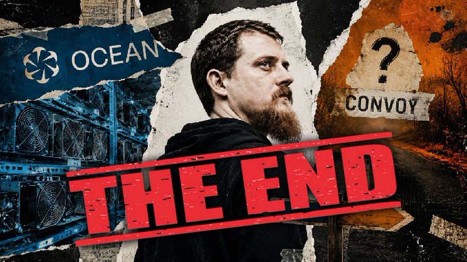 A YouTube thumbnail featuring a bearded man with text 'THE END' overlaid, along with logos for 'OCEAN' (with mining rigs) and 'CONVOY' (with a question mark).
