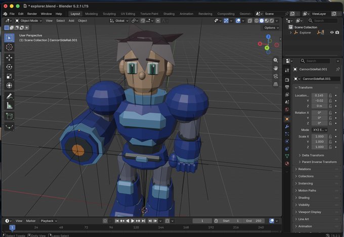A screenshot of the Blender 3D software interface showing a low-poly 3D model of a character resembling Mega Man in blue armor.