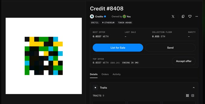 An NFT marketplace listing displays 'Credit #8408' with a pixelated multicolored artwork, priced at 0.0337 WETH best offer.