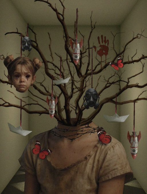 The image features a person with their head stuck inside of a tree, surrounded by various objects such as a paper boat, a bomb, and a mask. The scene appears to be set within a room or a box-like structure, giving the impression that the person is trapped in this environment. The post "QT Your Tezos Art" suggests that the image might be related to an art project or a creative expression of the artist's ideas.