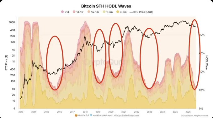 A "Bitcoin STH HODL Waves" chart from CryptoQuant displays the BTC price (logarithmic scale from $4 to $100K) overlaid with colored bands representing short-term holder supply proportions—<1d, 1d-1w, 1w-1m, and 1-3m—dated 2013-2026, with red ovals highlighting historical periods where the short-term holder share dropped significantly, supporting the post's claim that declining STH dominance historically signals approaching bear market ends, with current <1d holdings at 1.2%.