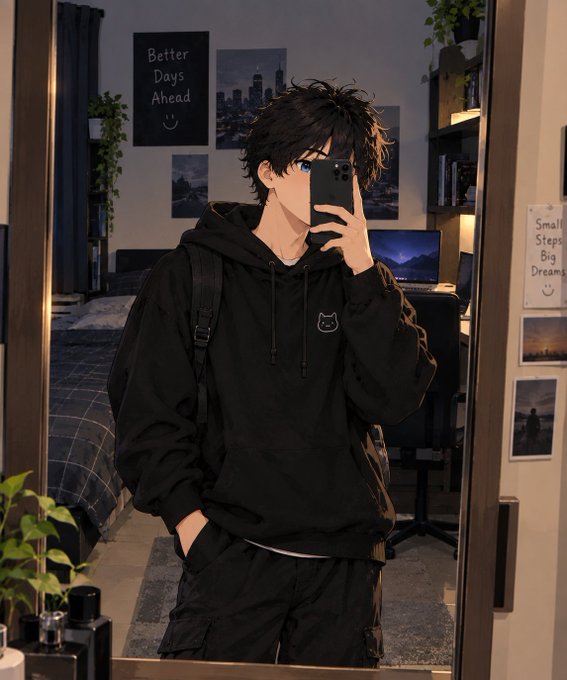 An anime-style illustration of a young man in a black hoodie taking a mirror selfie in a bedroom decorated with posters and cityscape prints.