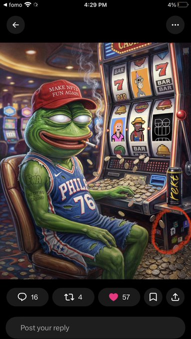 A Twitter/X post featuring an AI-generated illustration of Pepe the Frog wearing a Philadelphia 76ers jersey and a red 'Make NFL Fun Again' hat while smoking at a slot machine.