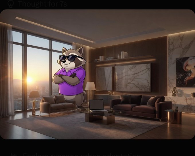 A cartoon raccoon wearing sunglasses and a purple shirt stands confidently with arms crossed in a modern, luxurious living room at sunset, with text 'Thought for 7s' visible at the top.