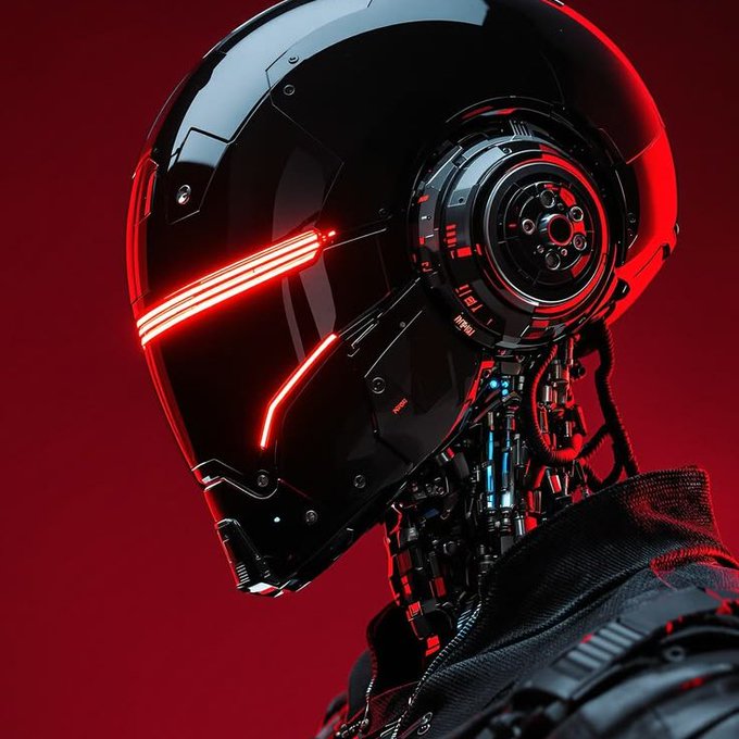 A close-up rendering of a futuristic cyborg or robot with a glossy black helmet featuring glowing red horizontal eye lines and intricate mechanical details on the side of its head, set against a deep red background.