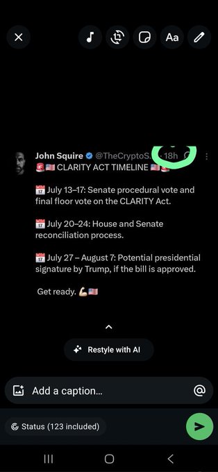 The image shows a tweet from John Squire (@TheCryptoSqu1) outlining the CLARITY Act timeline, with key dates including a Senate vote (July 13-17), reconciliation process (July 20-24), and potential presidential signature by Trump (July 27-August 7). The caption references "$LUNC" and "MOONBOY," seemingly tying the legislative crypto timeline to bullish expectations for Terra Luna Classic.