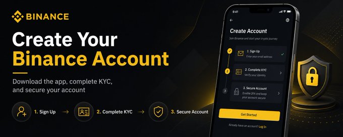 A Binance promotional graphic titled "Create Your Binance Account" shows a step-by-step signup flow on a smartphone screen, highlighting three stages: Sign Up, Complete KYC, and Secure Account, with a golden "Get Started" button—directly illustrating the post's guide on downloading the official app, registering with email or phone, and completing identity verification.