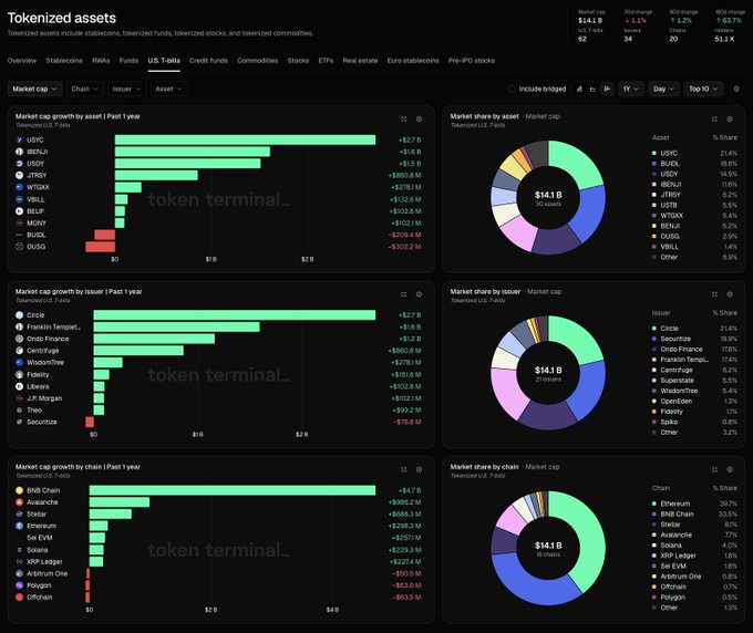 A dark-themed dashboard from Token Terminal titled 'Tokenized assets' showing market cap of $141.8B with +1.1% 1-day and +3.7% 30-day change, featuring bar charts and pie charts breaking down assets by market cap, issuer, and chain (Circle, Securitize, Ondo Finance leading).