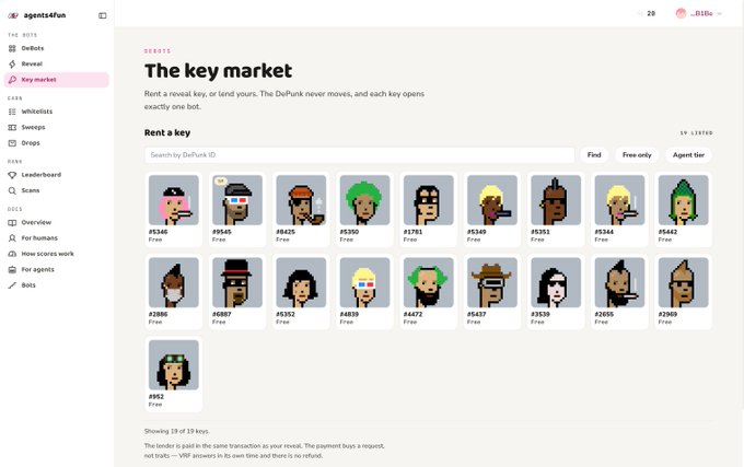 A screenshot of agents4.fun website displaying 'The key market' page, showing 19 pixel-art character avatars (DePunk IDs) that can be rented, including options to filter by 'Free only' or 'Agent tier'.