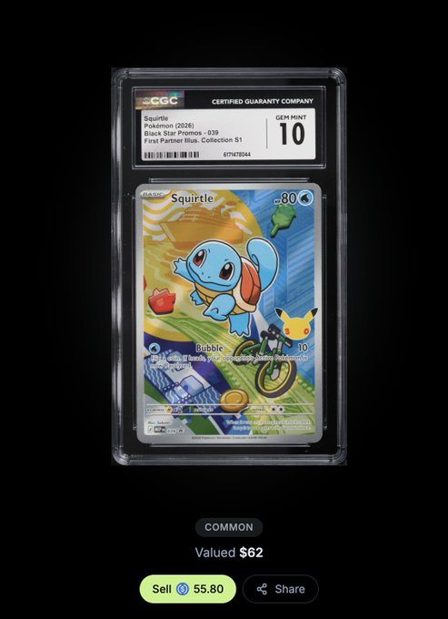 A CGC-graded Gem Mint 10 Squirtle Pokémon card from the 2026 Black Star Promos set, valued at $62 with a sell price of 55.80 SOL, is displayed in a protective slab against a black background. This corresponds to one of the two packs the user opened on Jupiter Exchange's Pokémon Gacha, showcasing the digital card collectible pulled from the pack.