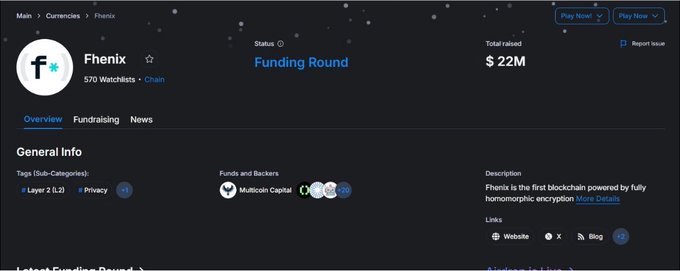 A crypto project page for 'Fhenix' shows it is in a funding round with $22M total raised, 570 watchlists, tags including 'Layer 2 (L3)' and 'Privacy', and is powered by fully homomorphic encryption.