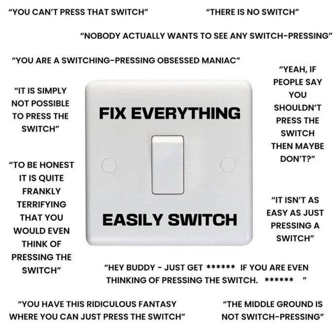 The image features a white electrical switch with various text written above and below it, including phrases such as "fix everything", "easily switch", and "you can't press the switch". The focus of this image is likely to be on the switch itself or its functionality in some context related to the post.
