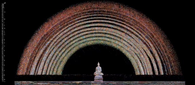 A serene white Buddha statue sits in meditation beneath a luminous arch composed of colorful pixelated rainbow bands against a black background, visually echoing the post's reference to a "belief layer" within the Bitcoin Ordinals inscription "FISH GOSPEL" while symbolically representing transcendence above the "slow day on the block."