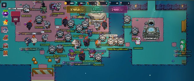 Screenshot of a busy multiplayer crypto game (likely Pixels) with numerous penguin-like avatars gathered in a village area featuring a Witching Well and Welcome NPC.