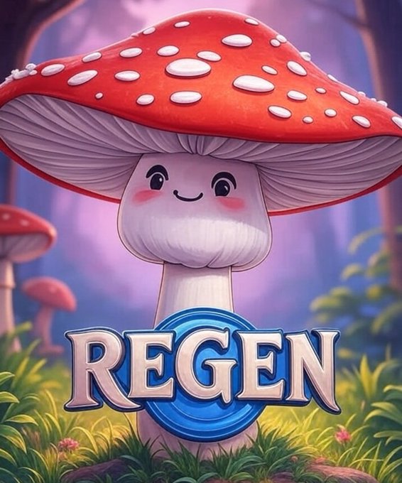 A digital illustration features a cute, smiling red and white spotted mushroom character above the word 'REGEN' in a fantasy forest setting.