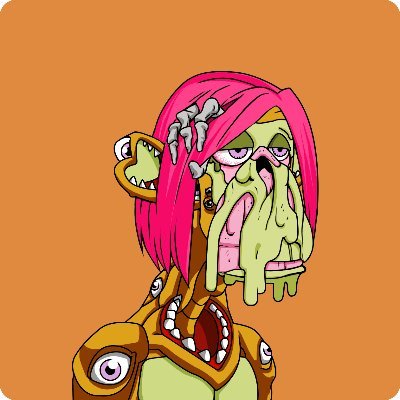 A cartoon illustration of a green, zombie-like character with pink hair, multiple eyes, and a grotesque, decaying face against a solid orange background.