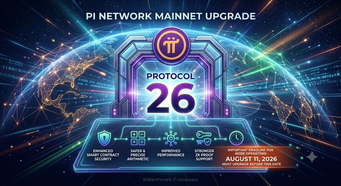 A vibrant digital banner announces the "Pi Network Mainnet Upgrade" for Protocol 26, set against a glowing globe and cosmic backdrop, with key features like "Enhanced Smart Contract Security," "Safer & Precise Arithmetic," and "Improved Performance" listed below a central countdown showing "August 11, 2026." The visual reinforces the post's message of a major, globally significant technical rollout for Pioneers, highlighting both the date and the core enhancements coming to the network.