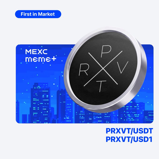 The image displays a black coin with white letters, featuring a city skyline in the background. The text "MEXC 0-FEE MEME+ Listing: $PRXVT @PRXVTai Trade $PRXVT with 
exchange.com/announcements ... details mexc.com/announcements" is prominently displayed near the coin and the city skyline. This information suggests that there's an announcement or list about exchange-related activities, including a coin or token, related to the city depicted in the image.