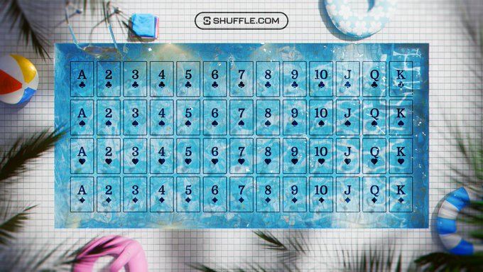 A "SHUFFLE.COM" branded image displays a tropical-themed 4x13 grid of playing cards (A-10, J, Q, K across each suit) laid out on a sunny beach towel setting with palm leaves and pool floats, serving as the visual challenge for participants to guess the next 10 cards in a Shuffle Blitz guessing game.