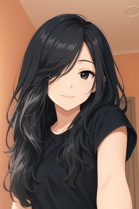 An anime-style illustration of a young woman with long black hair wearing a black t-shirt, smiling softly against an orange/peach colored background.