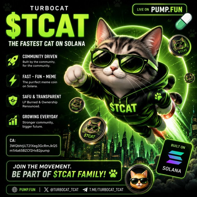 The image features a cartoon cat wearing sunglasses, glasses, and a hoodie with the word "STCAT" written on them. The cat appears to be flying through the air while holding a coin. The background of the image shows a city skyline, which is part of an advertisement for TurboCat, a meme coin built on Solana. The text in the image includes the words "TurboCat", "The fastest cat on Solana", and "Be part of Stcat family".