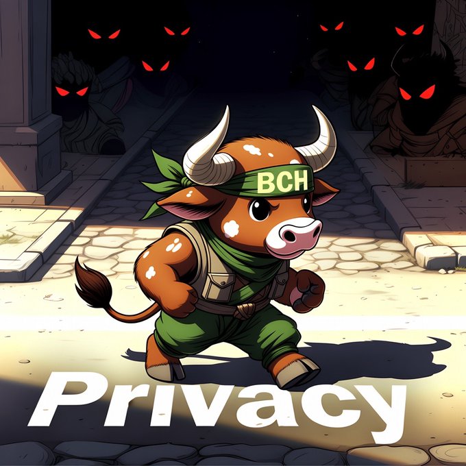 A cartoon illustration of a cow character wearing a 'BCH' (Bitcoin Cash) headband and green ninja outfit with the word 'Privacy' displayed at the bottom, with shadowy figures with red eyes watching from the background.