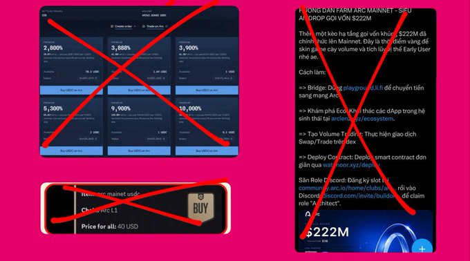 A warning graphic with red X marks crossing out screenshots of cryptocurrency investment schemes, including Arc mainnet USDT opportunities and a $222M farming scam guide.