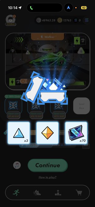 A screenshot from the STEPN app shows a loot box opening screen revealing a sneaker reward and three mystery boxes (two with x3 gems and one with x70 of a sneaker-related item), with the "Walker" sneaker visible in the background. This matches the post's excitement about earning gems—specifically the red gem—as today's harvest, while the x70 sneaker indicates a separate sneaker token reward.