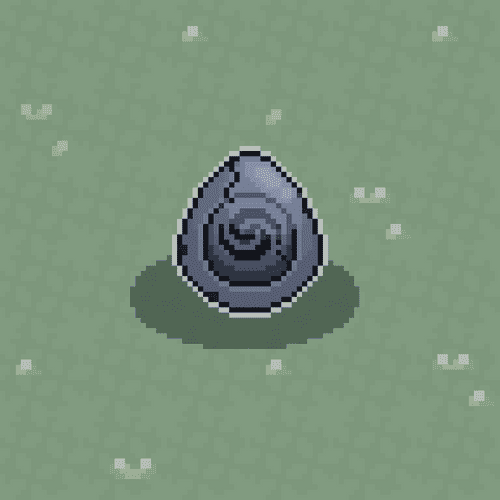 Pixel art image of a blue swirled egg-like object sitting in a small puddle on a green background.