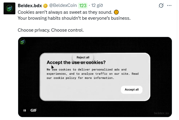 A Beldex (BDX) cryptocurrency tweet stating "Cookies aren't always as sweet as they sound. Your browsing habits shouldn't be everyone's business. Choose privacy. Choose control." with a GIF showing cookie consent prompts being rejected.